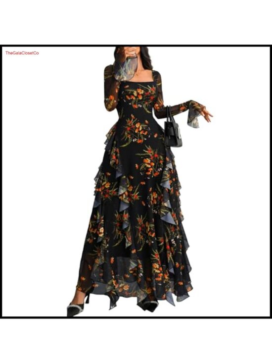 Dresses & Skirts - Women's Floral Maxi Dress Long Sleeve Square Neck Ruffle Formal Party